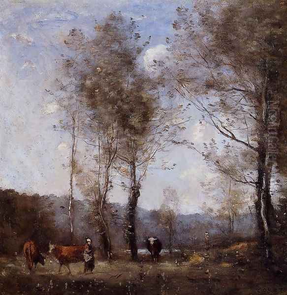 Ville d'Avray, Cowherd in a Clearing near a Pond Oil Painting by Jean-Baptiste-Camille Corot