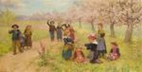 Children Gathering Spring Flowers Oil Painting by Theophile Louis Deyrolle