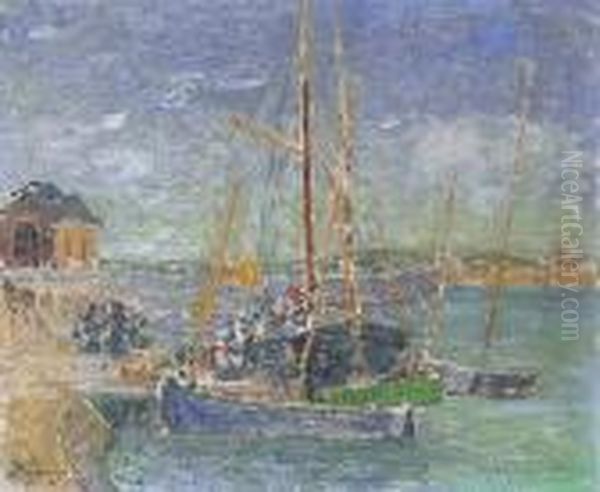Bretagne, Le Petit Embarcadere Dans Lestuaire Oil Painting by Emile Alfred Dezaunay