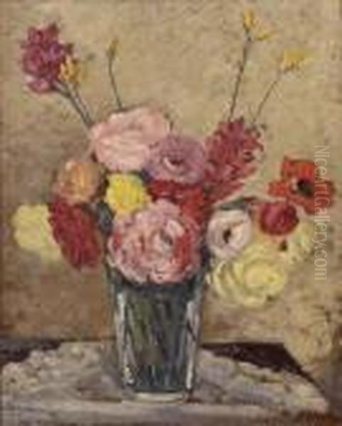Vase De Fleurs Huile Sur Carton Signee En Bas A Droite Et Contresignee Au Dos Oil Painting by Emile Alfred Dezaunay