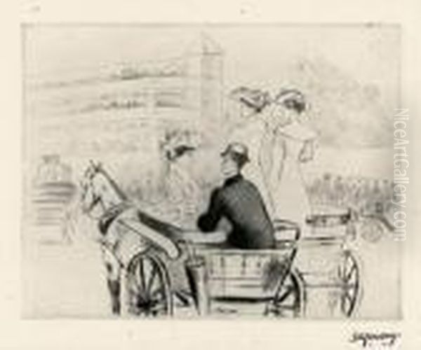 [elegants Et Elegantes En Caleche]. Vers 1910 Oil Painting by Emile Alfred Dezaunay