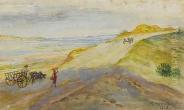 Three Deccan Views: An Extensive
 Landscape With A Waggon; A Narrowstreet In Pandharpur; And Walwan Lake Oil Painting by Mahadev Vishvanath Dhurandhar