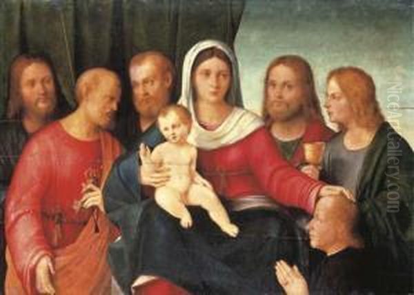 The Madonna And Child With 
Saints Peter, John The Evangelist, Jamesthe Great And Two Other Apostles
 With The Donor In Adoration Oil Painting by Francesco Bissolo