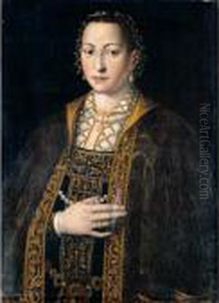 Portrait Of Eleanora Of Toledo, 
Grand Duchess Of Tuscany (1522-62), Half Length, In A Richly Embroidered
 And Bejewelled Dress Oil Painting by Agnolo Bronzino