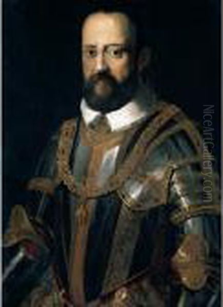 Portrait Of Grand Duke Cosimo I 
De' Medici (1519-74), Half Length Wearing Armour, Wearing The Insignia 
Of The Order Of The Golden Fleece Oil Painting by Agnolo Bronzino