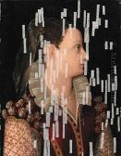 Portrait Of A Lady, Bust-length,
 In A Red Dress With Patterned Andpearl-encrusted Sleeves Oil Painting by Agnolo Bronzino