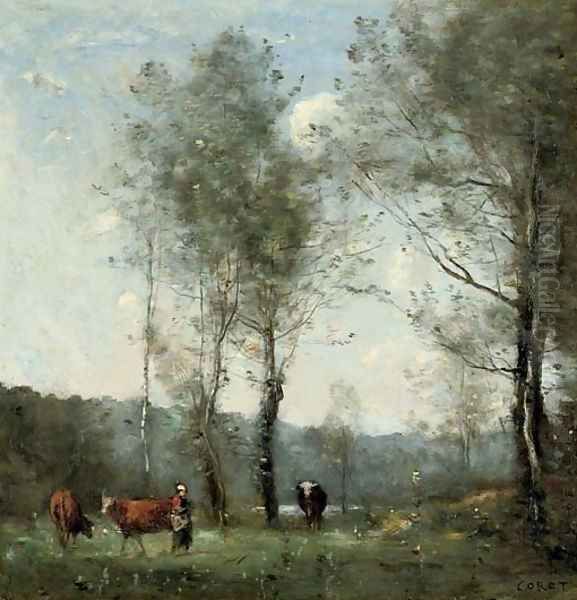 Ville D'Avray, Gardeuse de vaches dans une clairiere pres de l'Etang Oil Painting by Jean-Baptiste-Camille Corot