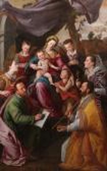 Madonna Col Bimbo, San 
Giovannino, San Nicola Di Bari, San Giovanni Evangelista, Santa Caterina
 D'alessandria, Sant'elena (?) E Due Angeli Oil Painting by Santi Di Tito