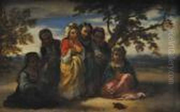 Six Petites Filles Mauresques Regardant Une Tortue Oil Painting by Narcisse Virgilio Diaz De La Pena