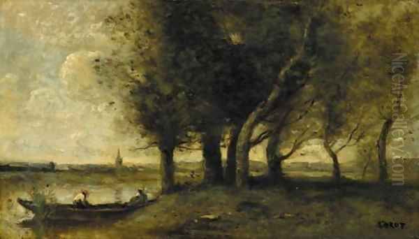 Barque a la Rive, au pied d'un groupe d'arbres Oil Painting by Jean-Baptiste-Camille Corot
