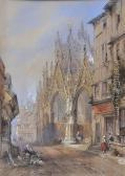 Figures Before A French 
Cathedral, Signed And Dated 1869, Watercolour Heightened With White Oil Painting by Thomas Colman Dibdin