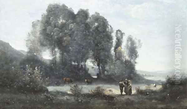 Groupe d'arbres au bord d'un etang avec trois campagnards debout et deux vaches (environs de Ville d'Avray) Oil Painting by Jean-Baptiste-Camille Corot
