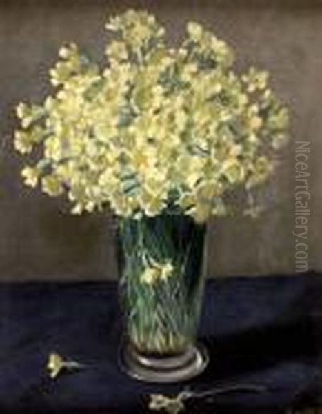 Schlusselblumenstraus In Glasvase Oil Painting by Xaver Frantisek Diblik