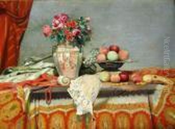 Tabletop Still Life With Fruit, Flowers, Shell And Necklace Oil Painting by Xaver Frantisek Diblik