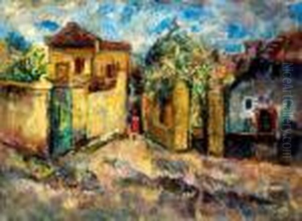 Szentendre Street Scene With Blooming Trees Oil Painting by Rudolf Diener-Denes
