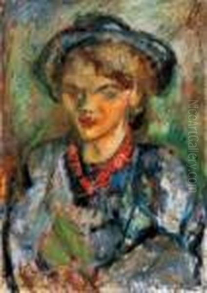 Bela Czobel's Wife In Blue Hat (maria Modok) Oil Painting by Rudolf Diener-Denes