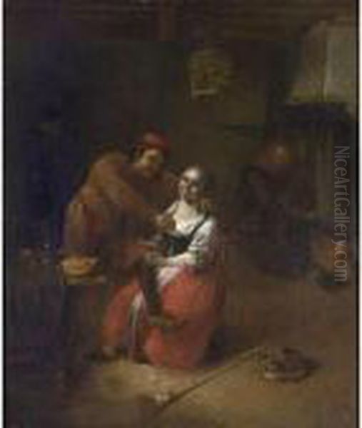 An Amorous Couple In An Inn, 
With A Woman By A Fireplace In The Background, A Broom And A Cat In 
Front Oil Painting by Abraham Diepraam