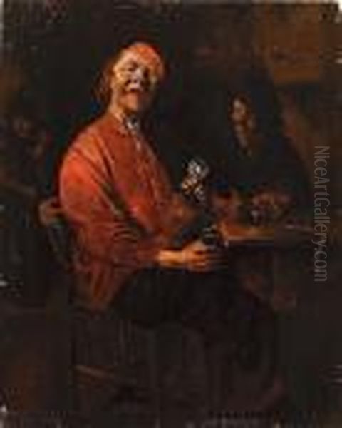Two Peasants Drinking And 
Smoking At A Table In A Tavern, Another Figure With A Staff In The 
Background Oil Painting by Abraham Diepraam