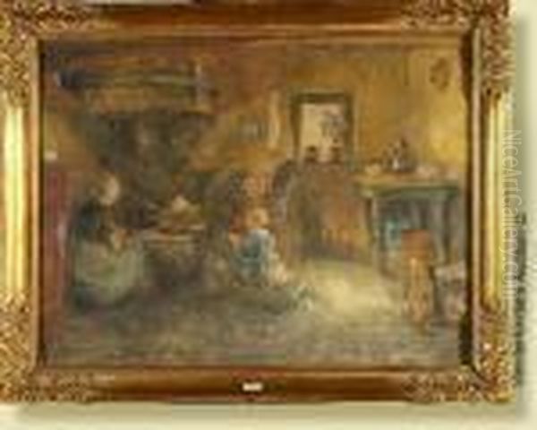 Cuisine Animee, Aquarelle Sur 
Papier Colle Sur Toile.signee En Bas A Gauche J. Dierckx. Ecole Belge. 
Dim.: 45x59cm Oil Painting by Pierre Jacques Dierckx