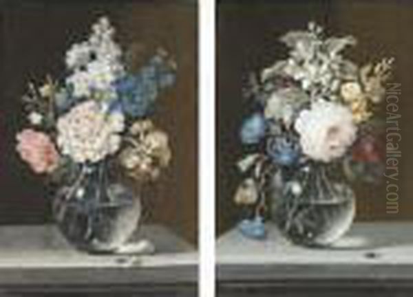 A Pair Of Still Lifes With 
Roses, Orange Blossoms, Convulvuli, Carnations, And Anenomes, In Glass 
Vases With Insects Oil Painting by Barbara Regina Dietzsch