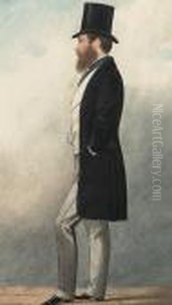 A Gentleman, Full-length, 
Profile To The Left, Wearing Black Coat, Grey Trousers, Cream Waistcoat,
 Checked Cravat And Top Hat Oil Painting by Richard Dighton