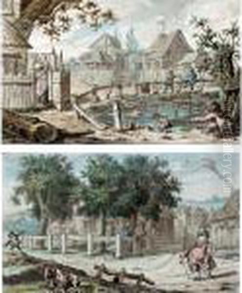 The Village Pond, Young Boys 
Encouraging A Dog To Chase Ducks; And Kite-flying Near A Village Oil Painting by Robert Dighton
