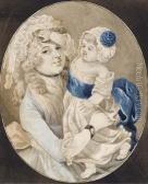 Une Femme En Buste Tenant Un 
Bebe; Et Une Vieille Femme, En Buste, Avec Une Petite Fille Sur Ses 
Genoux Tenant Une Pomme Oil Painting by Robert Dighton