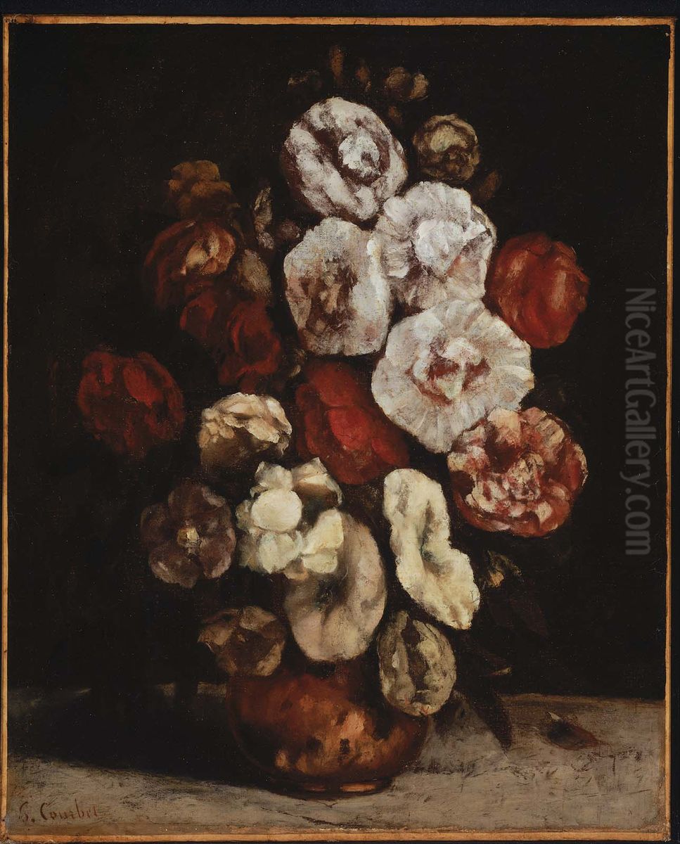 Hollyhocks In A Copper Bowl Oil Painting by Gustave Courbet