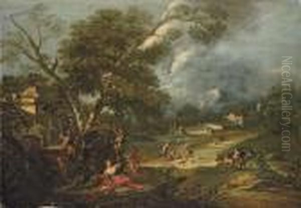 An Italianate River Landscape 
With Juno Resting Under A Tree With Putti, A Fountain Nearby Oil Painting by Antonio Diziani