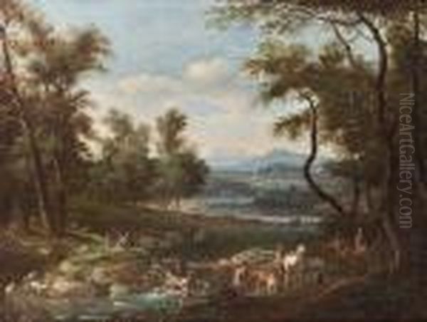 An Italianate Landscape With 
Travellers On A Riverside Path And A Shepherd With His Flock On The Far 
Bank Oil Painting by Antonio Diziani