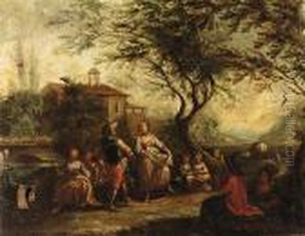 Travellers Conversing By A 
River, A Town Beyond; And A Coupledancing With Other Figures Gathered 
Around Oil Painting by Antonio Diziani