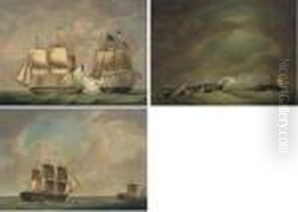 The Close Action Between H.m.s. 
Eurotas And The French Frigateclorinde, 25th-26th February 1814 - A Set 
Of Three Comprising: Theopening Salvo From Eurotas Into Clorinde's 
Stern; The Two Frigatessubsequently Dismasted; And The Remasted Eurotas 
In F Oil Painting by Robert Dodd