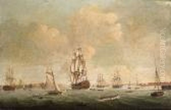 A 74-gun Third Rate Heading Out 
Of Portsmouth Harbour With Other Ships Of The Fleet Close-by Oil Painting by Robert Dodd