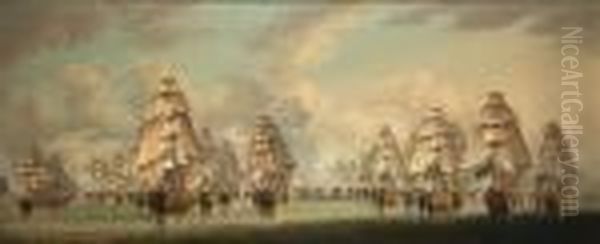 The Battle Of Trafalgar - The 
Two British Columns Going Into Action; Admiral Dumanoir's Surviving 
French Squadron Escaping The Carnage Oil Painting by Robert Dodd