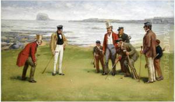 Lord Rosebery, Admiral Fleming, 
The Duke Of Buccleuch And Lordcharles Hope With Their Respective Caddies
 At North Berwick Oil Painting by John Charles Dollman