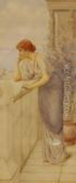 Watercolour,study Of A Classical
 Woman Looking Out To Sea From A Marbleterrace, Signed, 18