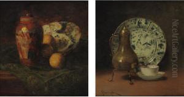 Still Life With Coffe Urn And 
Still Life Wtih Asian Ceramics And Oranges: A Pair Of Paintings Oil Painting by John Henry Dolph