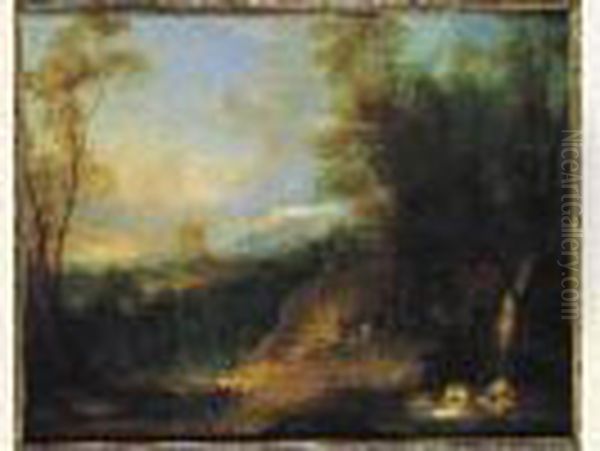 Lavandieres Et Berger Dans Un Paysage Boise Oil Painting by Pierre Salomon Domenchin De Chavannes