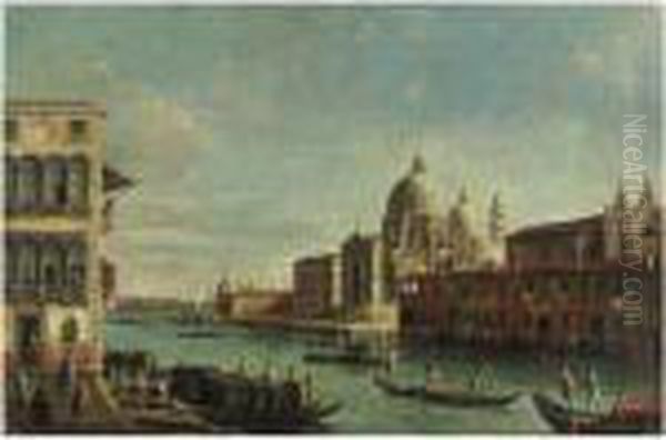 Venezia, Il Ponte Di Rialto Con Il Palazzo Dei Camerlenghi;
 Veduta Del Canal Grande Con La Basilica Della Salute Oil Painting by Apollonio Domenichini