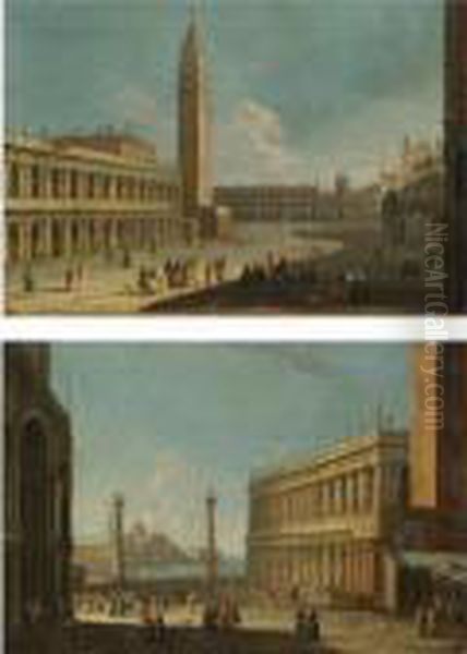 Venice, A View Of The Piazzetta 
Looking North Towards Piazza San Marco With The Biblioteca Marciana And 
Campanile On The Left;
 Venice, A View Of The Piazzetta From The Basilica Di San Marco Looking 
South Towards The Church Of San Giorgio Maggiore Oil Painting by Apollonio Domenichini