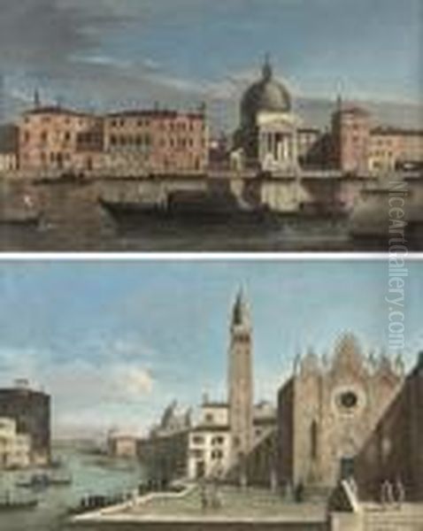 The Grand Canal, Venice, Looking
 West Towards San Simeone Piccolo And; The Grand Canal, Venice, Looking 
East With The Scuola Della Carita Oil Painting by Apollonio Domenichini