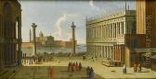 Elegant Figures In The 
Piazzetta, Venice, Looking South With A View Towards San Giorgio 
Maggiore Oil Painting by Apollonio Domenichini