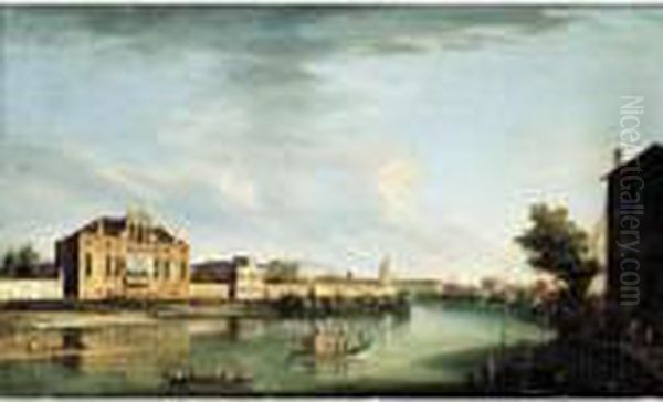 A View Of The River Brenta At 
Stra With The Villa Cappello And The Villa Pisani, Looking Out Towards 
The Gardens Oil Painting by Apollonio Domenichini