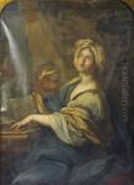 Portrait Of A Woman Playing The Harpsichord And A Child Watching (st. Cecilia) Oil Painting by Domenico Zampieri (Domenichino)