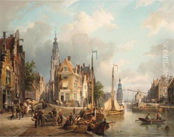 A View Of The Oudeschans With 
The Zuiderkerk And The Montelbaanstoren In The Distance, Amsterdam Oil Painting by Cornelis Christiaan Dommersen