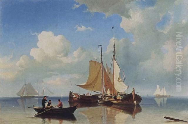 Shipping In An Estuary Oil Painting by Cornelis Christiaan Dommersen