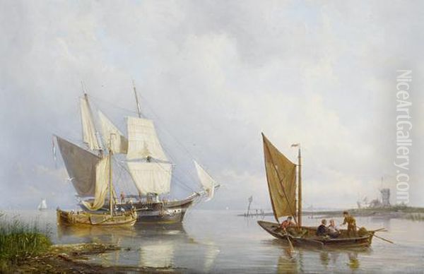 A Calm Day On The Estuary, With A
 Trading Brig About To Discharge Her Cargo Into A Barge Coming Alongside Oil Painting by Pieter Christiaan Cornelis Dommersen