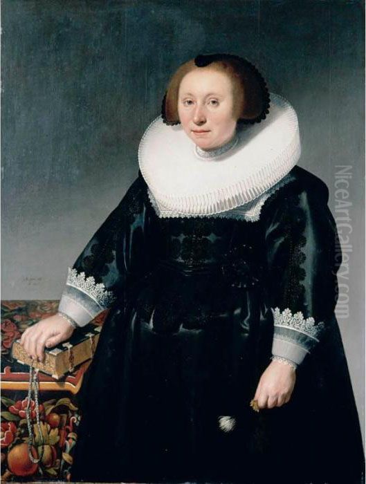 Portrait Of A Lady, 
Three-quarter Length, Wearing A Black Embroidered Dress And Standing 
Next To A Table With Her Hand On A Book Oil Painting by Herman Mijnerts Doncker