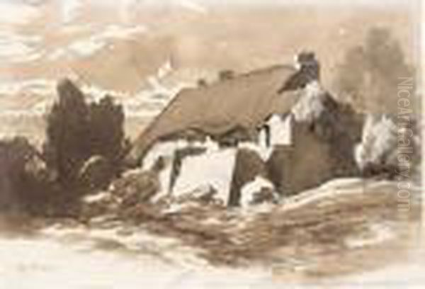 A Thached Cottage Oil Painting by Charles Donzel