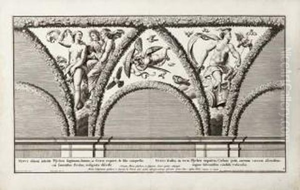 Psyches Et Amoris Nuptiae Ac 
Fabula A Raphaele Sanctio Urbinate Romae In Farnesianis Hortis 
Transtyberim Ad Veterum Aemulationem Ac Laudem Colorum Luminibus 
Expressa A Nicolao Dorigny Ad Similitudinem Delineata Et Incisa... Oil Painting by Nicolas Dorigny